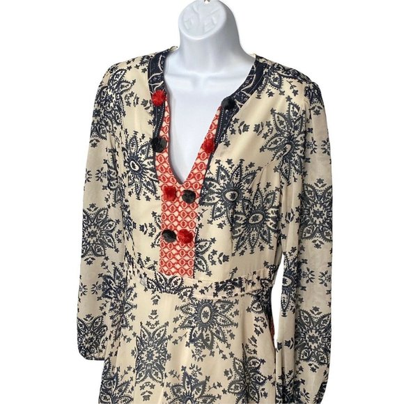 Sheryl Crow Blue White Red Printed Dress Boho Maxi Long Sleeve Size 8 Hippy - Picture 2 of 6